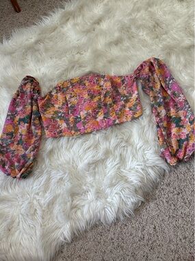 wild fable Pink Multi Floral Off-Shoulder Smocked Crop Top with Puff Sleeves